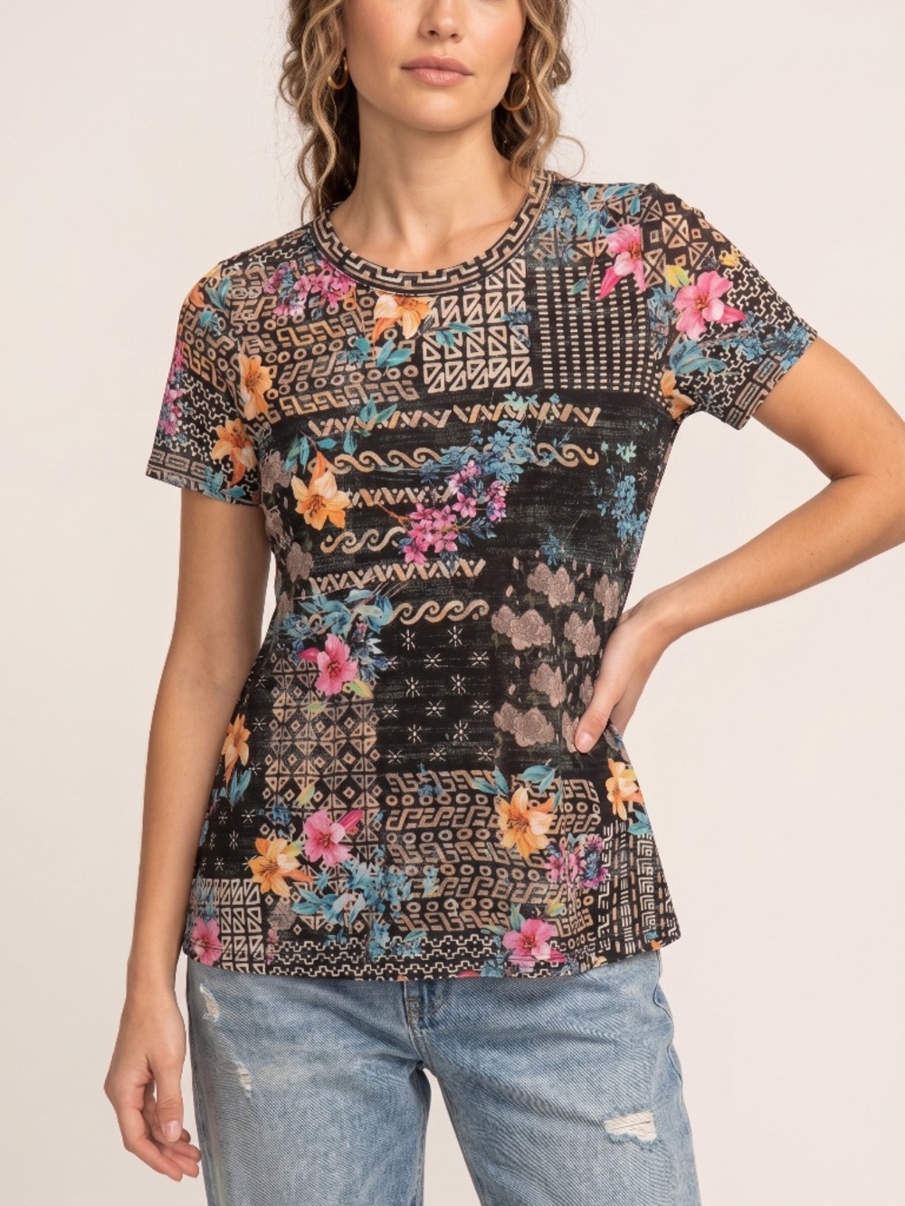 Johnny Was Short Sleeve Mesh Tee Top Floral Geometric Greek Key Size S
